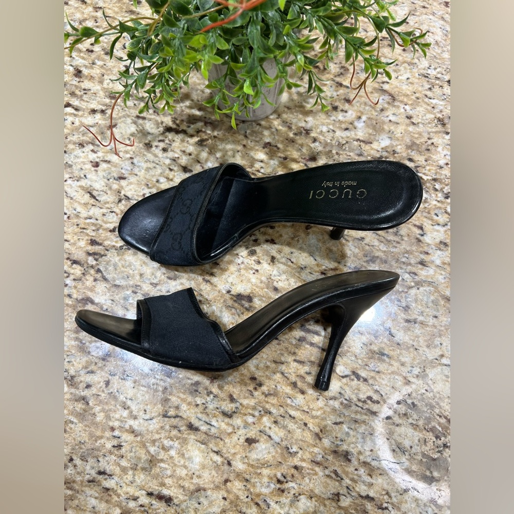 Gucci Black GG Pattern Canvas Leather Stiletto Heel Sandals EU37.5